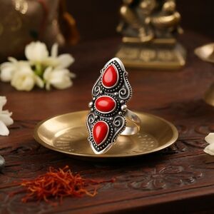 Boho Chic Stunning Red Coral Statement Ring S925 Sterling Silver Size 8